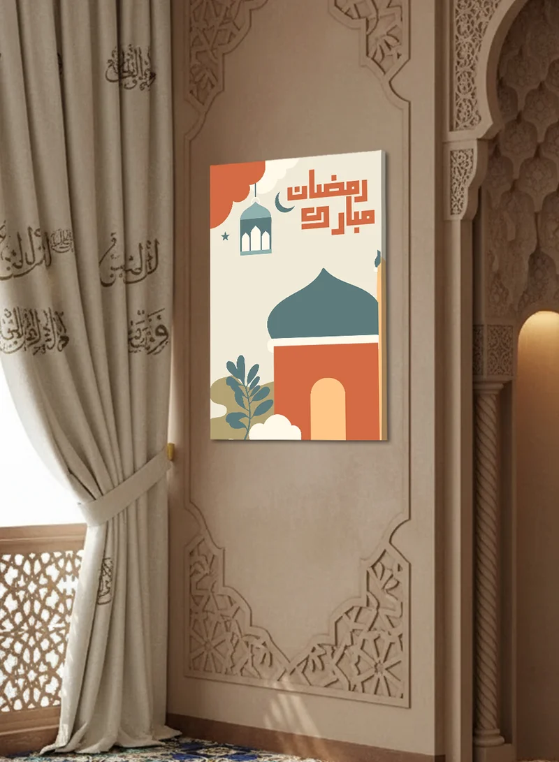 LOWHA Canvas Wall Art Stretched Over Wooden Frame with Ramadan Mubarak and Lantern Design